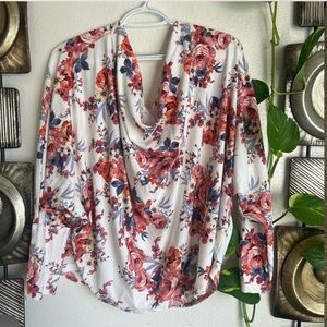 Fashion Nova Floral Drape Neck Blouse - Pink and Blue